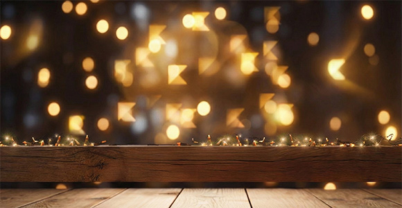 Holzoberfläche mit warmen, unscharfen goldenen Lichterketten im Hintergrund, die eine gemütliche, festliche Weihnachtsstimmung erzeugen.